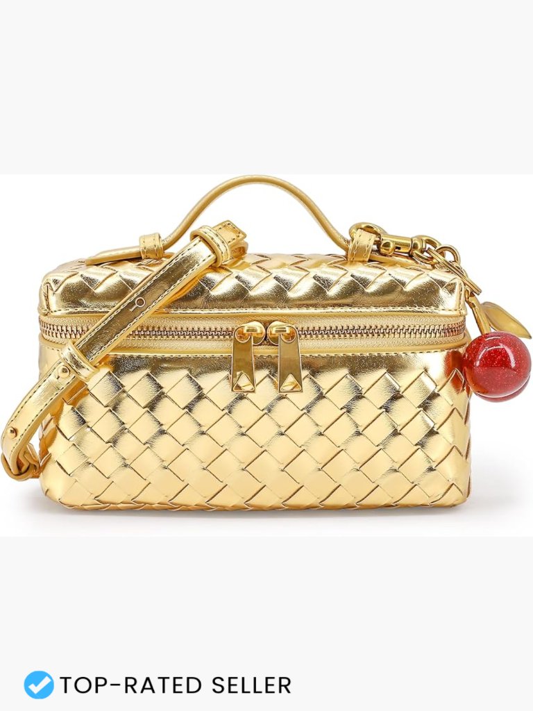 Mini Woven Leather Crossbody Bag With Cherry Charm Square Vanity Clutch